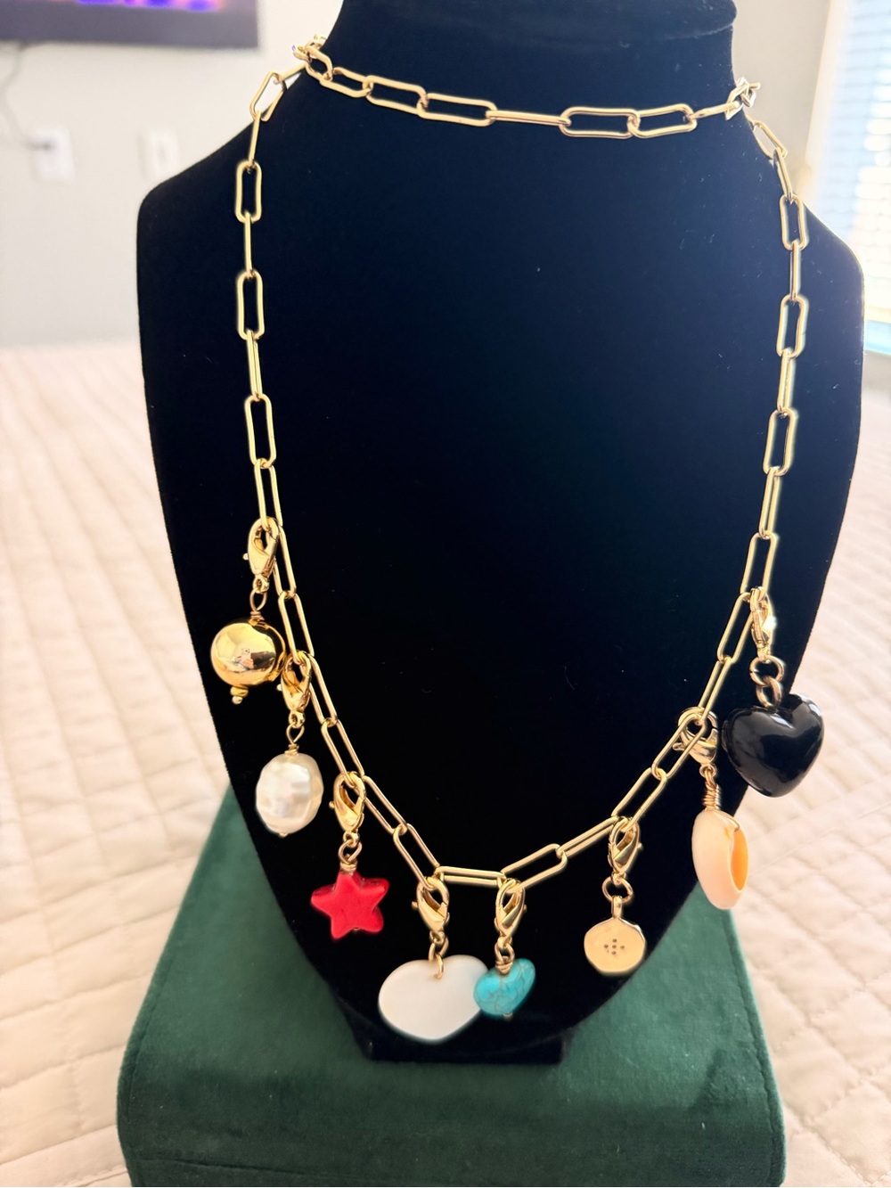 Gold Link Charm Necklace with Multicolor Hearts & Stars